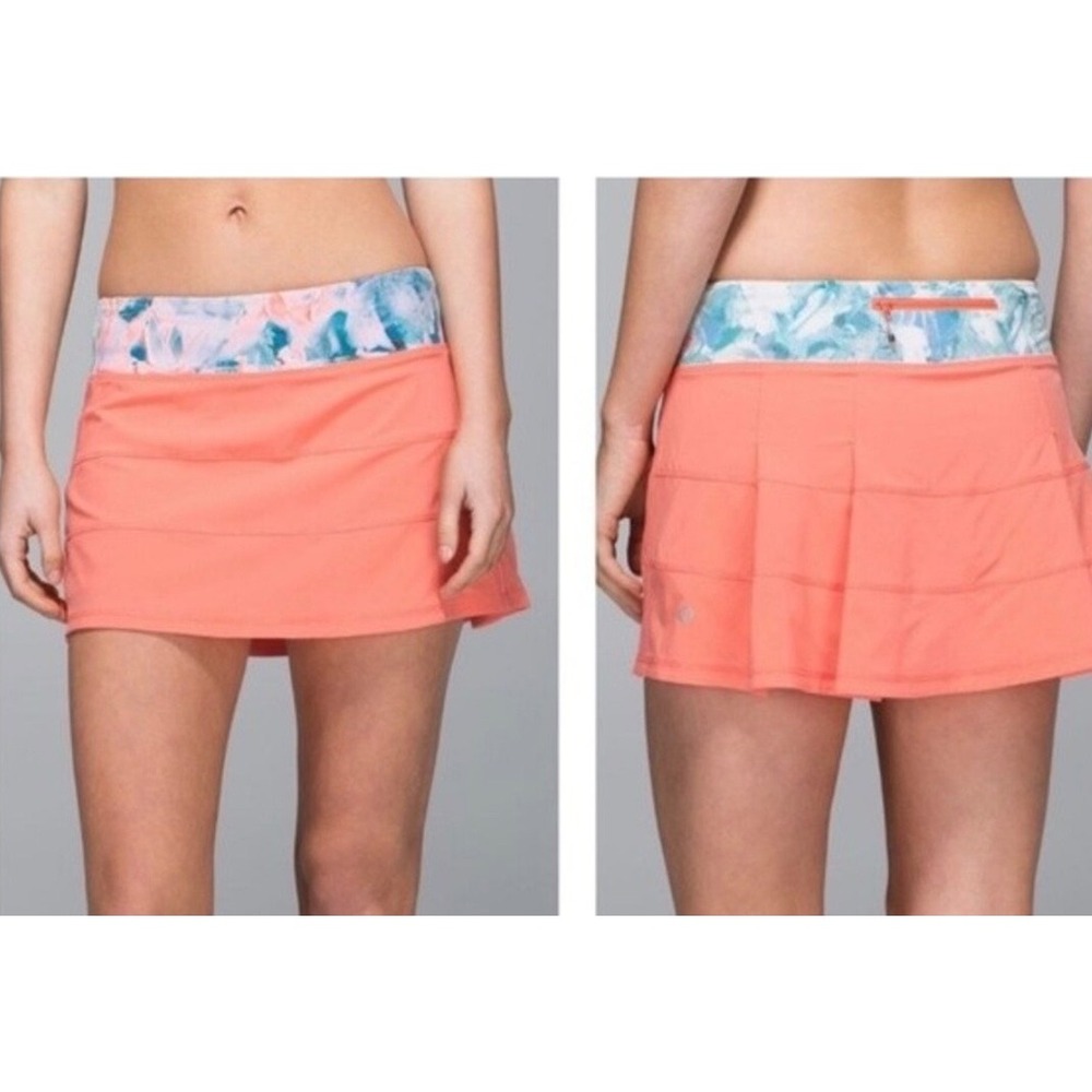 Lululemon Pace Setter‎ Skirt Orange Coral Pleated Running Tennis Skort Sz 12 EUC